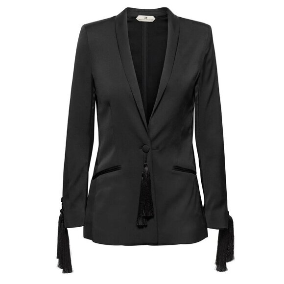 H&M Tasseled One Button Tuxedo Suit Blazer Black Women's 2 - Picture 1 of 7
